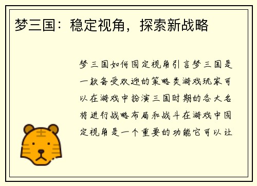 梦三国：稳定视角，探索新战略